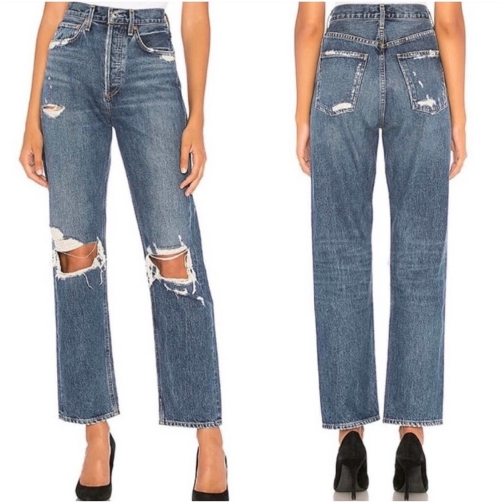 Agolde High Rise Distressed Straight Jeans - Medium Blue